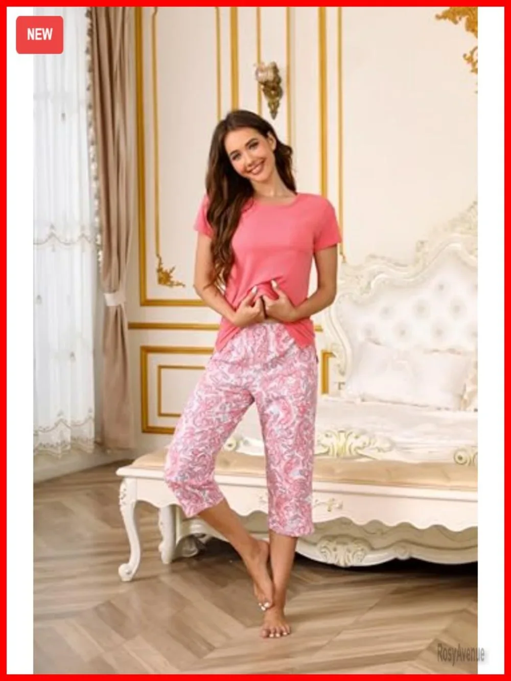 Cotton Blend 2-Piece Pajama Set Short Sleeve Top Capri Pants Sleepwear Lounge